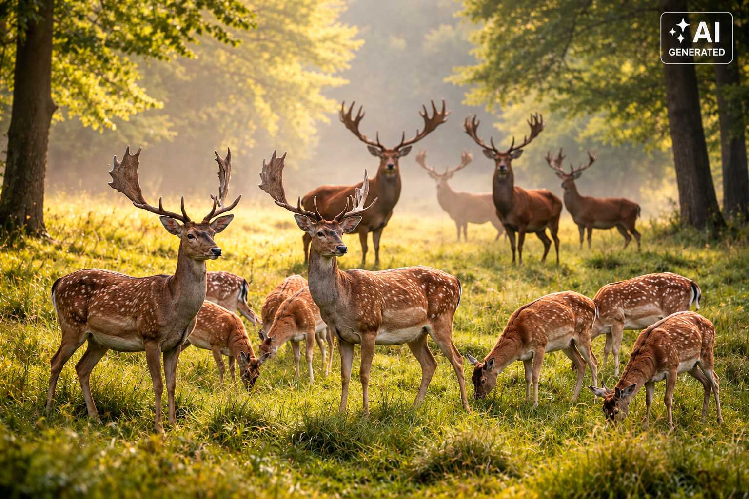 Mehrere Hirsche und Rehe auf einer sonnigen Waldlichtung